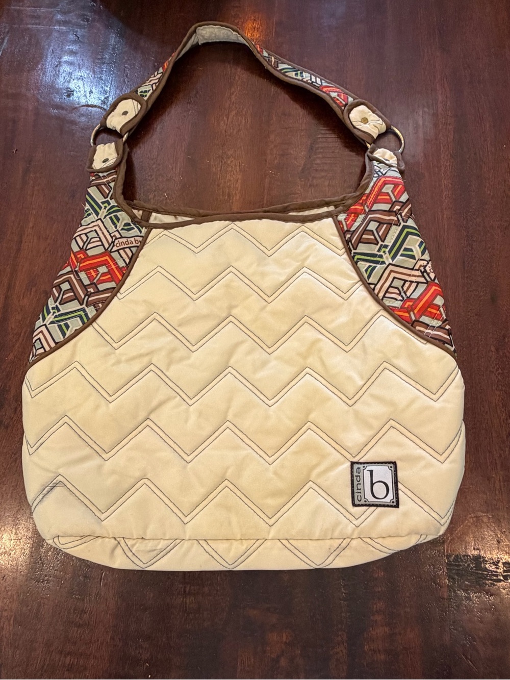 by B. Cream Quilted Shoulder Bag with Patterned Trim